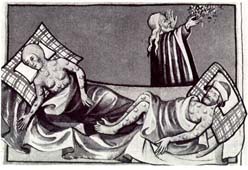 Grabado medieval en el que se pueden apreciar los bubones en los afectados por la terrible epidemia
