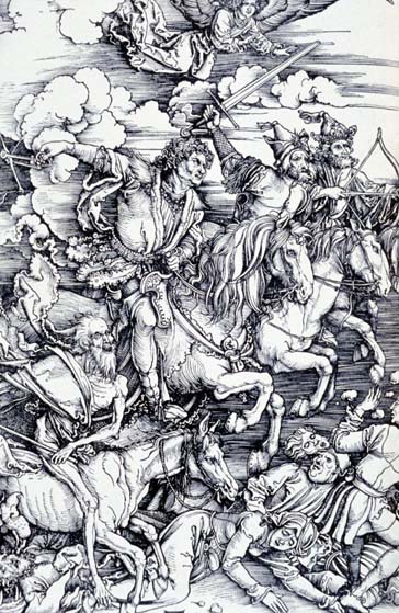 Los Cuatro Jinetes del Apocalipsis, grabado de Alberto Durero (1498)